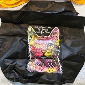 TOTE, PSYCHODELIC CAT FACE ON BOTH SIDES, FULL COLOUR WITH BLACK BACKGROUND,